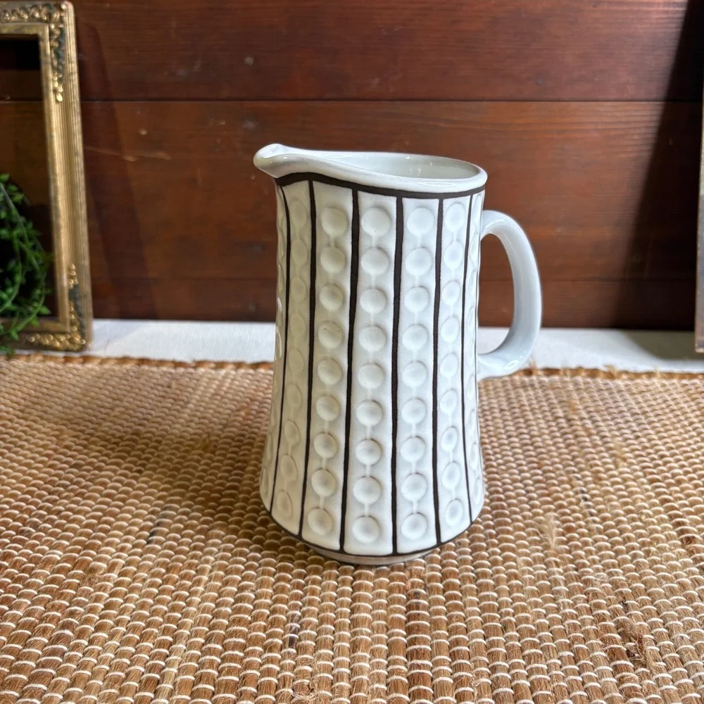 Vintage MCM Ceramano Omega West Germany Dots & Stripes Pitcher White Brown